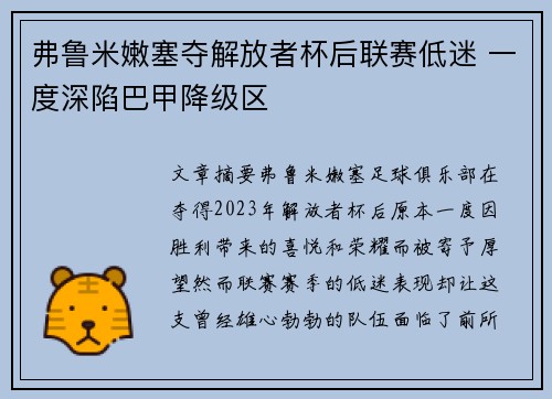 弗鲁米嫩塞夺解放者杯后联赛低迷 一度深陷巴甲降级区 弗鲁米嫩塞夺解放者杯后联赛低迷 一度深陷巴甲降级区