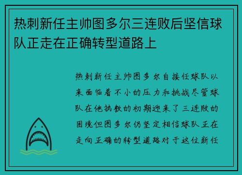 热刺新任主帅图多尔三连败后坚信球队正走在正确转型道路上 热刺新任主帅图多尔三连败后坚信球队正走在正确转型道路上